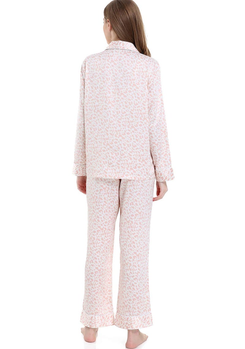 Serenedelicacy Women's Satin Pajama Set Long Sleeve Button Down Sleepwear 2-Piece Silky Pj Set (Small, Blush, Leopard) - Image 3